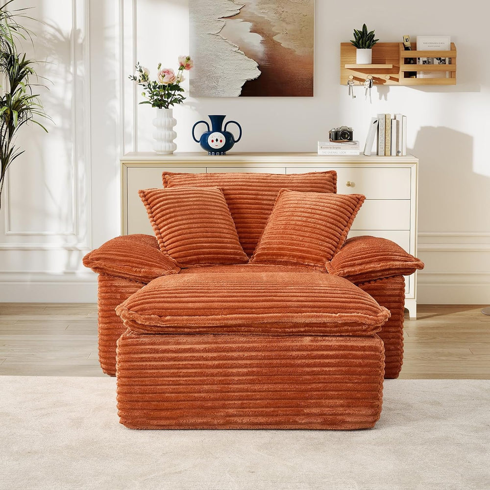 Oversized Chaise Lounge Chair Indoor with Ottoman, Upholstered Corduroy Moder...