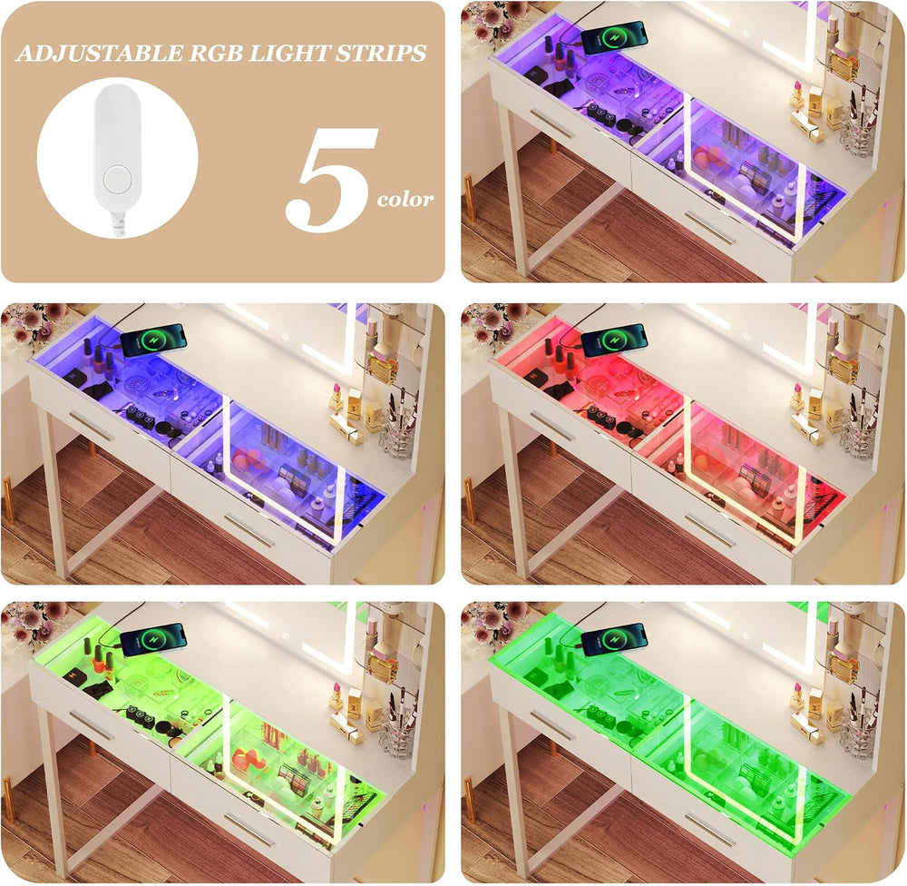 HUAHUU Vanity Desk with Mirror and LED Lights, 31" Small Makeup Vanity w...
