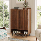 Shoe Cabinet with 2 Doors for Entryway, 21 Pairs Wooden Shoe Storage Cabinet with Adjustable Shelves, Farmhouse Hidden Shoe Organizer for Hallway & Mudroom, Slim Freestanding Shoe Cabinet, Walnut