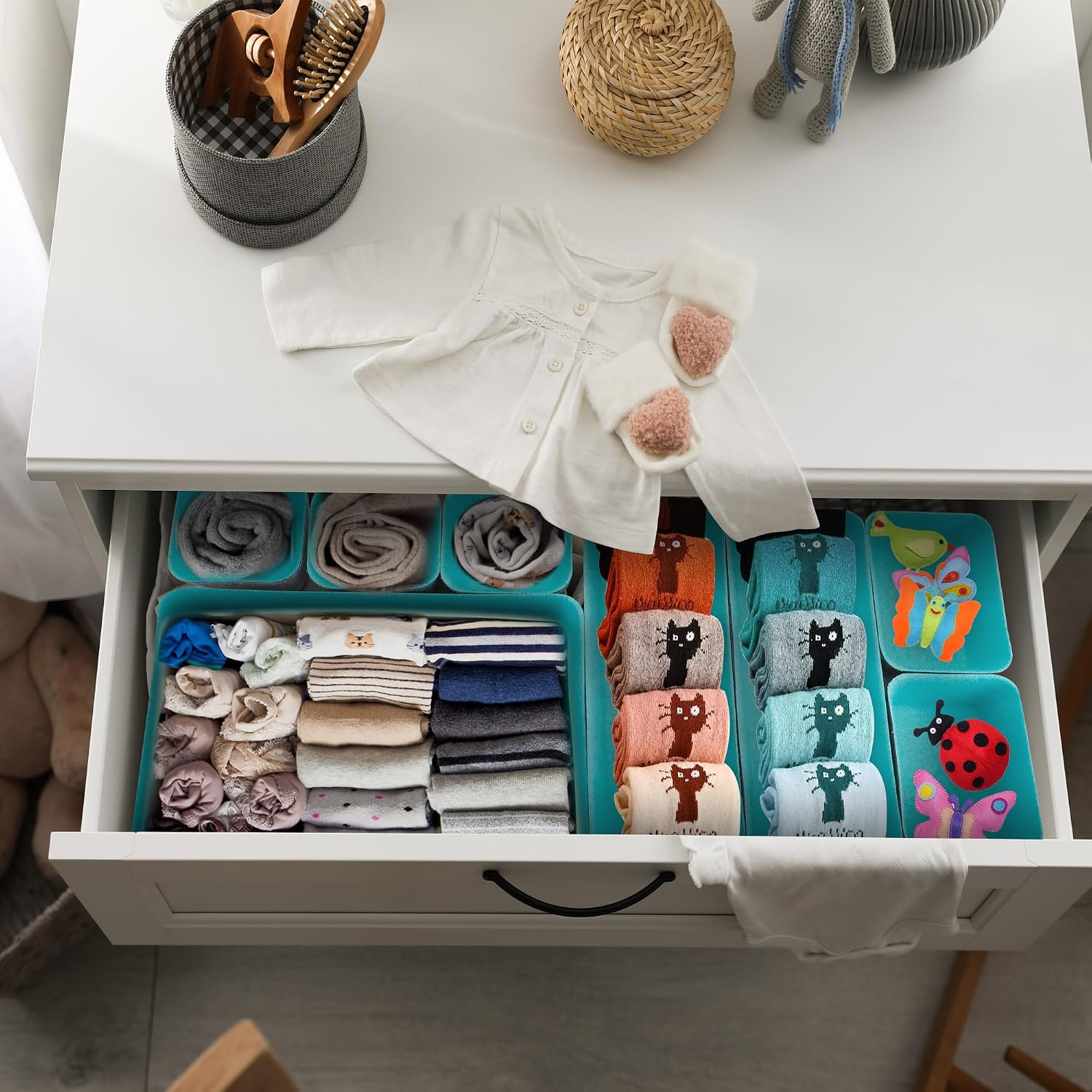 8pcs Drawer Organizers, Separators, Storage Box,Felt Storage Bins Inserts Tool Containers Toy Basket Shelf Cubes Foldable Drawer Dividers Desk Organisers- Blue&Grey
