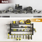Tomorotec 4-Layer Wall-Mounted Power Tool Storage Rack, Heavy-Duty Steel Drill Organizer with Adjustable Shelves & Side Hooks for Toolbox, Easy Installation Garage & Workshop Storage (Black)