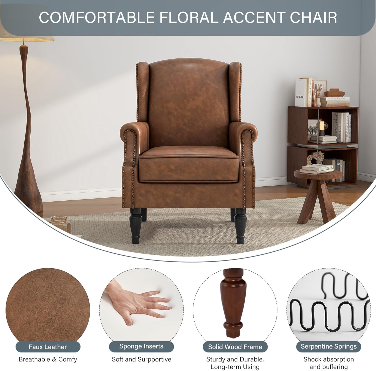 High Back Accent Chairs Set of 2, Faux Leather Wingback Armchair | Modern Upholstered Reading Seat with Removable Cushion | Comfy Nailhead Trim Single Sofa for Living Room, Bedroom - Brown