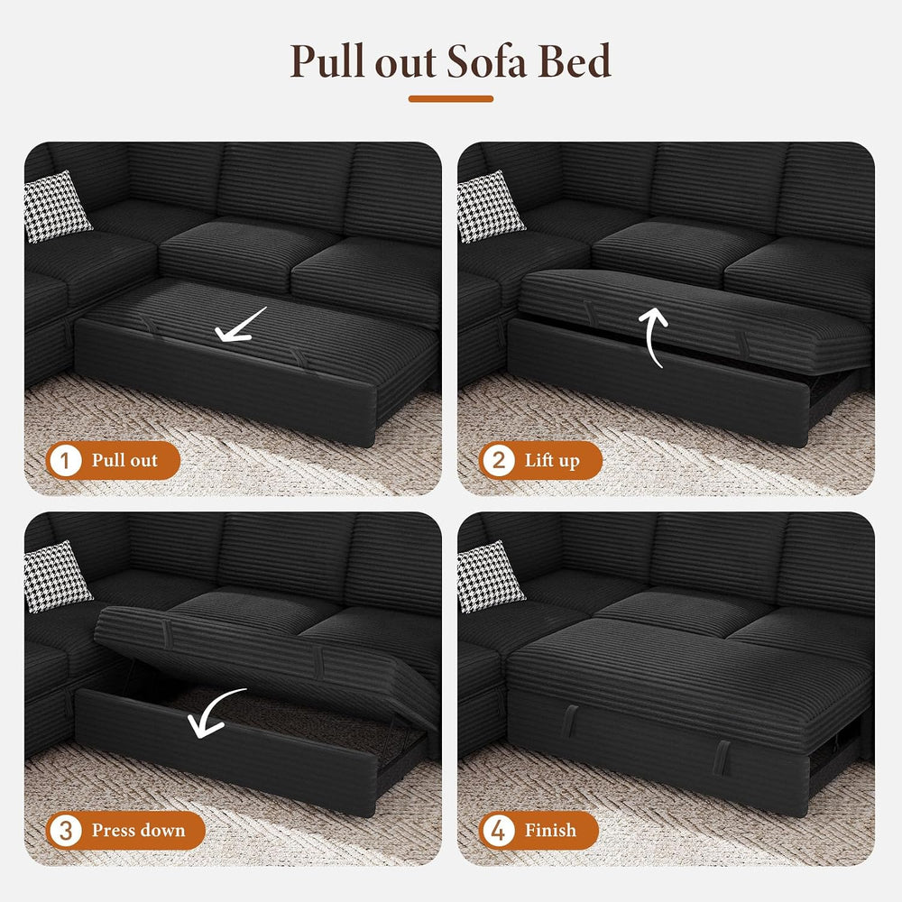 Vesgantti 113.6" Modular Sectional Sofa with Pull Out Bed, 7 Seater, Black
