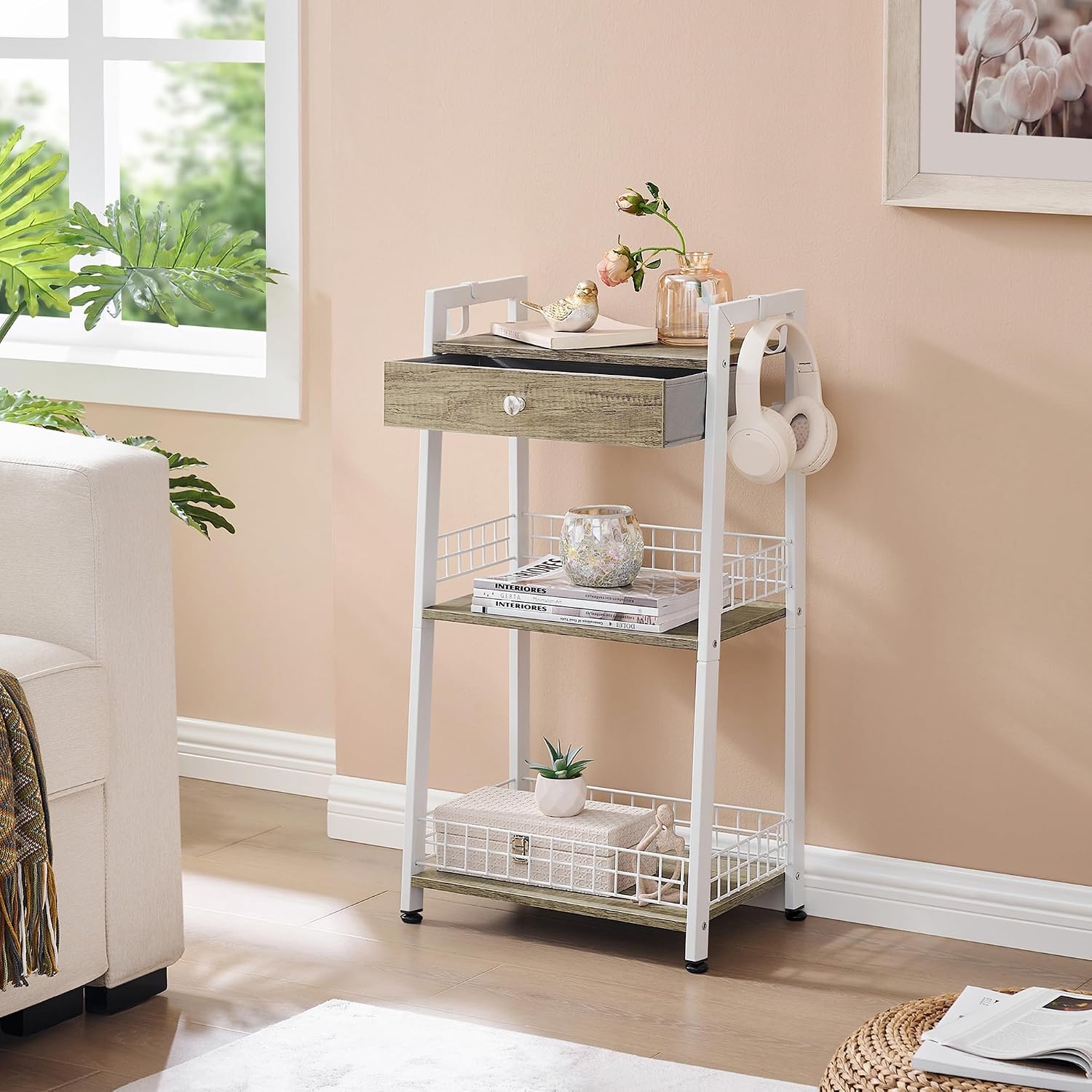 3-Tier Ladder Shelf, Bathroom Stand Organizer Shelf with Holder, Adjustable, Lightweight, Durable, Portable, User-Friendly, Compact, Storage, Drawer