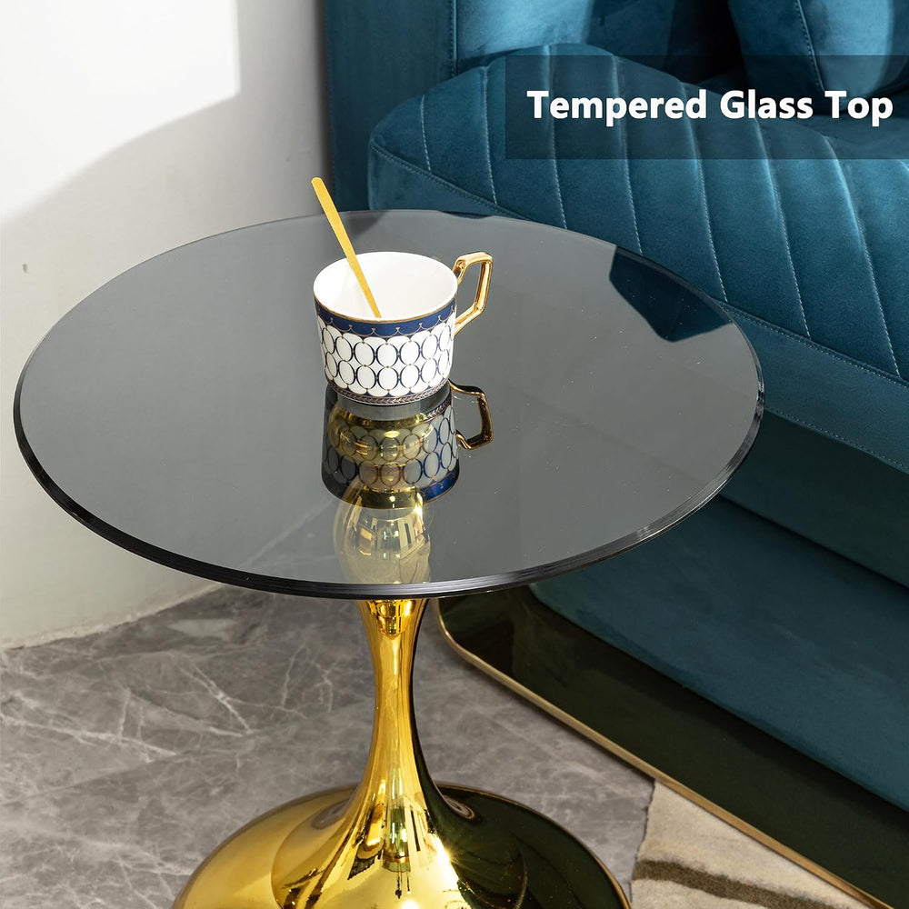 Luxury Round End Table Gold Metal Base 17.7inch Black Tempered Glass Top Mode...