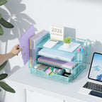 gianotter Desk Organizers and Accessories with File Holder, 4-Tier Desk Accessories & Workspace Organizers with Drawer and 2 Pen Holder, Paper Organizer for Office Supplies (Blue)