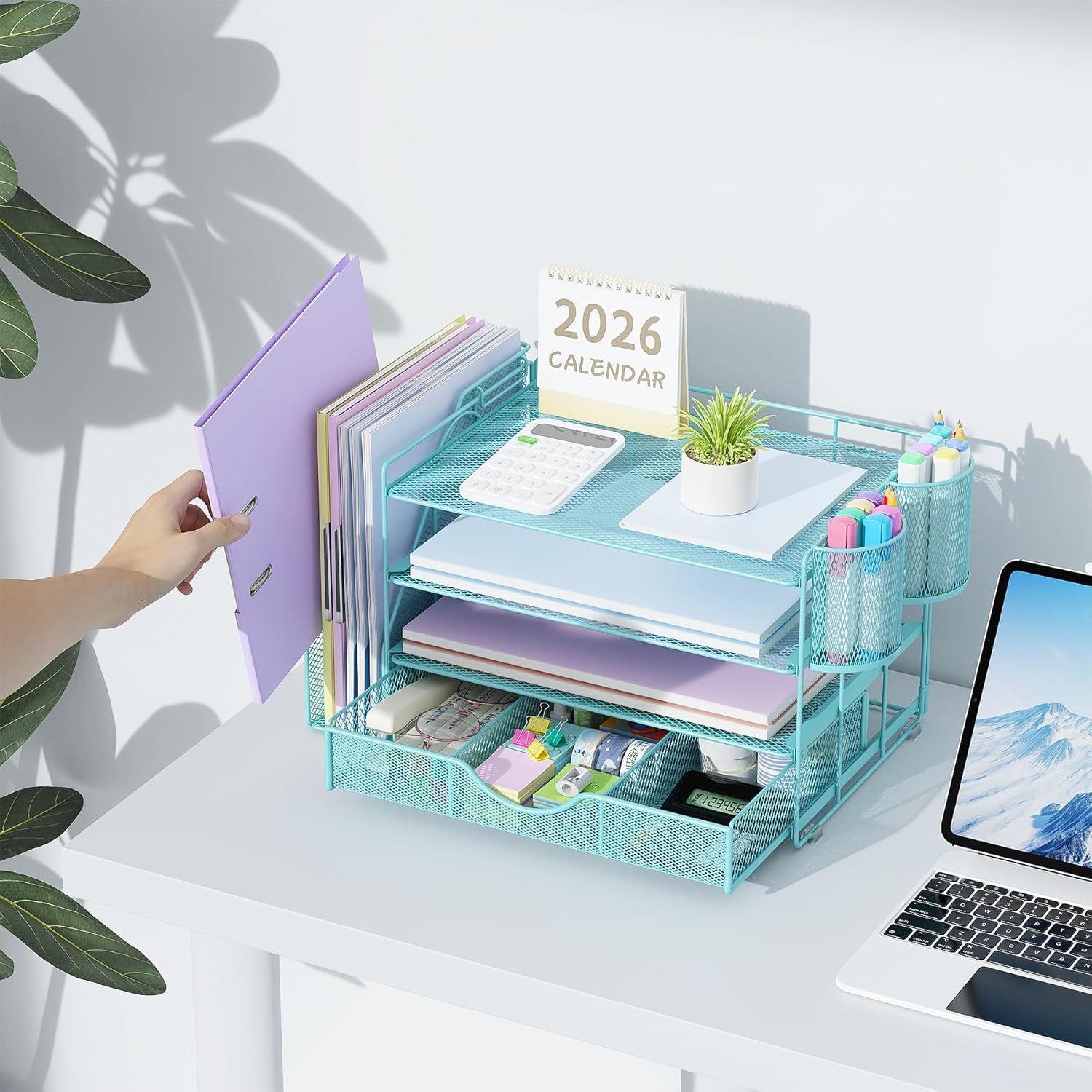 gianotter Desk Organizers and Accessories with File Holder, 4-Tier Desk Accessories & Workspace Organizers with Drawer and 2 Pen Holder, Paper Organizer for Office Supplies (Blue)