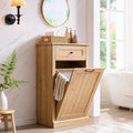 Tilt Out Laundry Hamper Cabinet, 10 Gallon Farmhouse Trash Can Cabinet with Drawer, Hidden Wood Garbage Can Bin Cabinets with Laundry Storage Basket for Bathroom, Kitchen, Natural