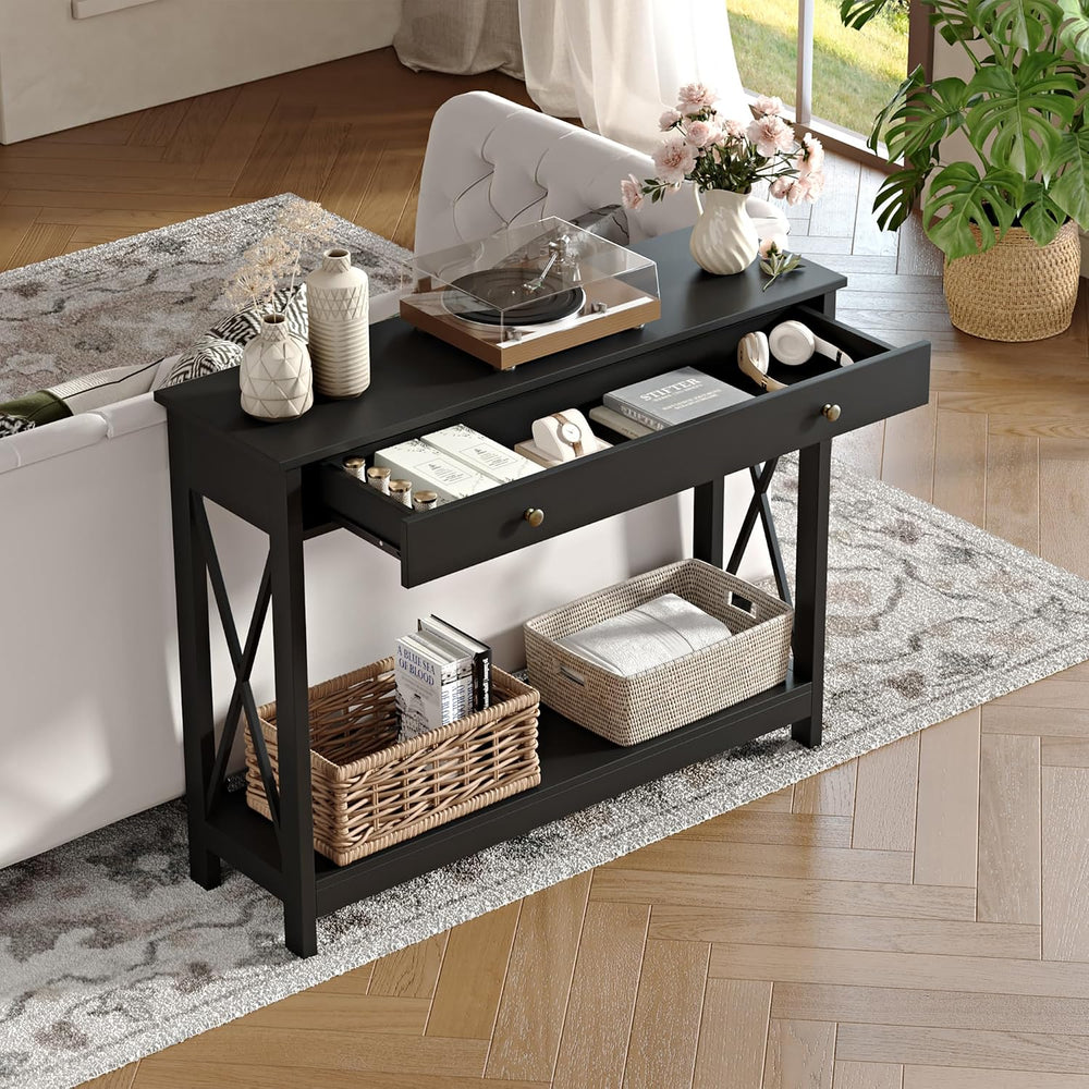 Treocho Black Console Table with Drawer and Storage Shelves, Foyer Sofa Table...