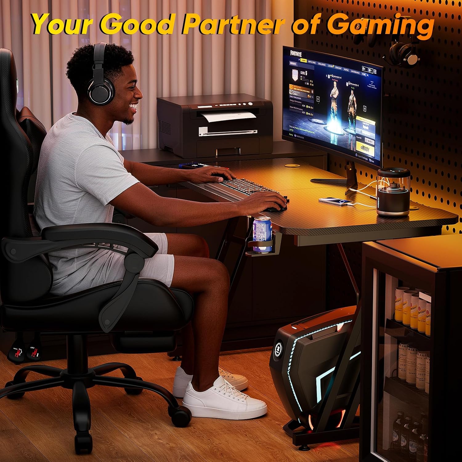 Czlolo 47 Inch Gaming Desk with Power Outlets, L-Shape Leg Computer Desk, Gamer Desk for Small Space, Wtih Cup Holder, Headphone Stand, USB＆ Tpye-C Ports, Carbon Fiber Surface, Black