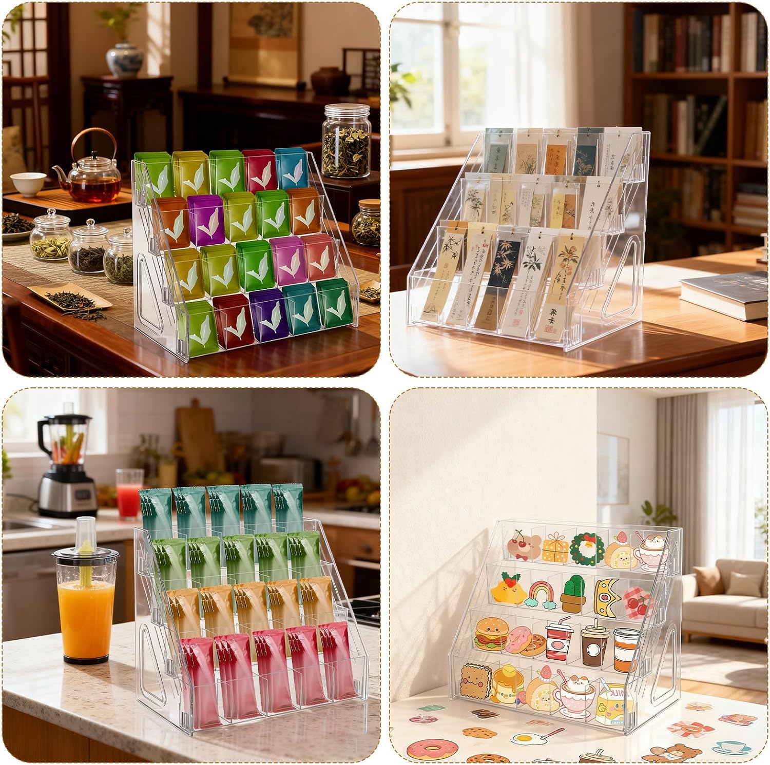 Tea Bag Organizer Display Stand, 4 Tier Clear Acrylic Tea Packet Storage Holder for Kitchen Countertop Cabinet Pantry Office Tea Bag, Coffee, Sugar Packets, Creamers Organization