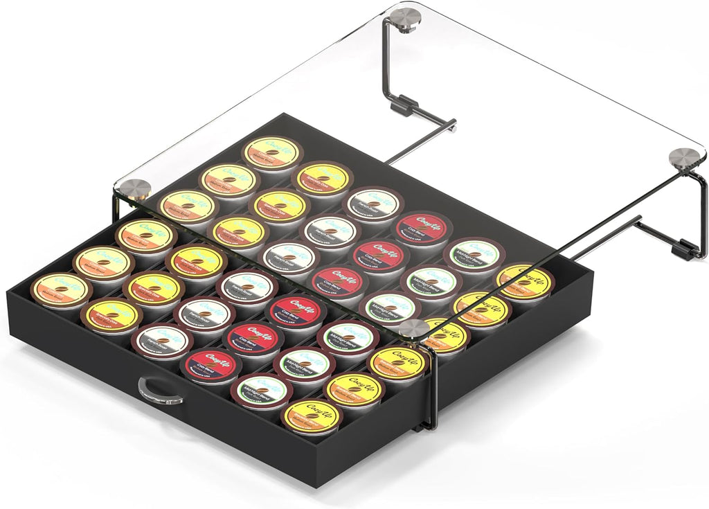 DecoBrothers Crystal Tempered Glass Holder Drawer for 36 Coffee Pods Storage, Black