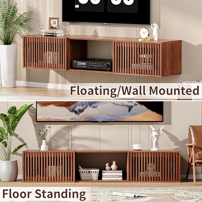HOMMPA Floating TV Stand Wall Mounted for TVs 55'' to 80'', Floating Entertainment Center with Slatted Door Design, Mid Century Wall Mounted TV Stand for Livingroom, Walnut