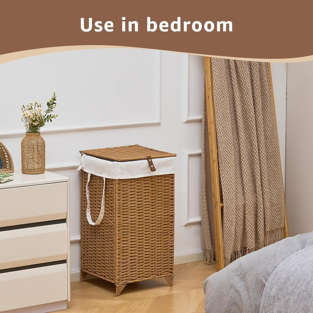 Laundry Hamper with Lid and Removable Liner Bag, Handwoven Rattan Clothes Hamper with Heightened Feet, Wicker Laundry Basket for Clothes and Towels，Small