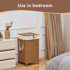 Laundry Hamper with Lid and Removable Liner Bag, Handwoven Rattan Clothes Hamper with Heightened Feet, Wicker Laundry Basket for Clothes and Towels，Small