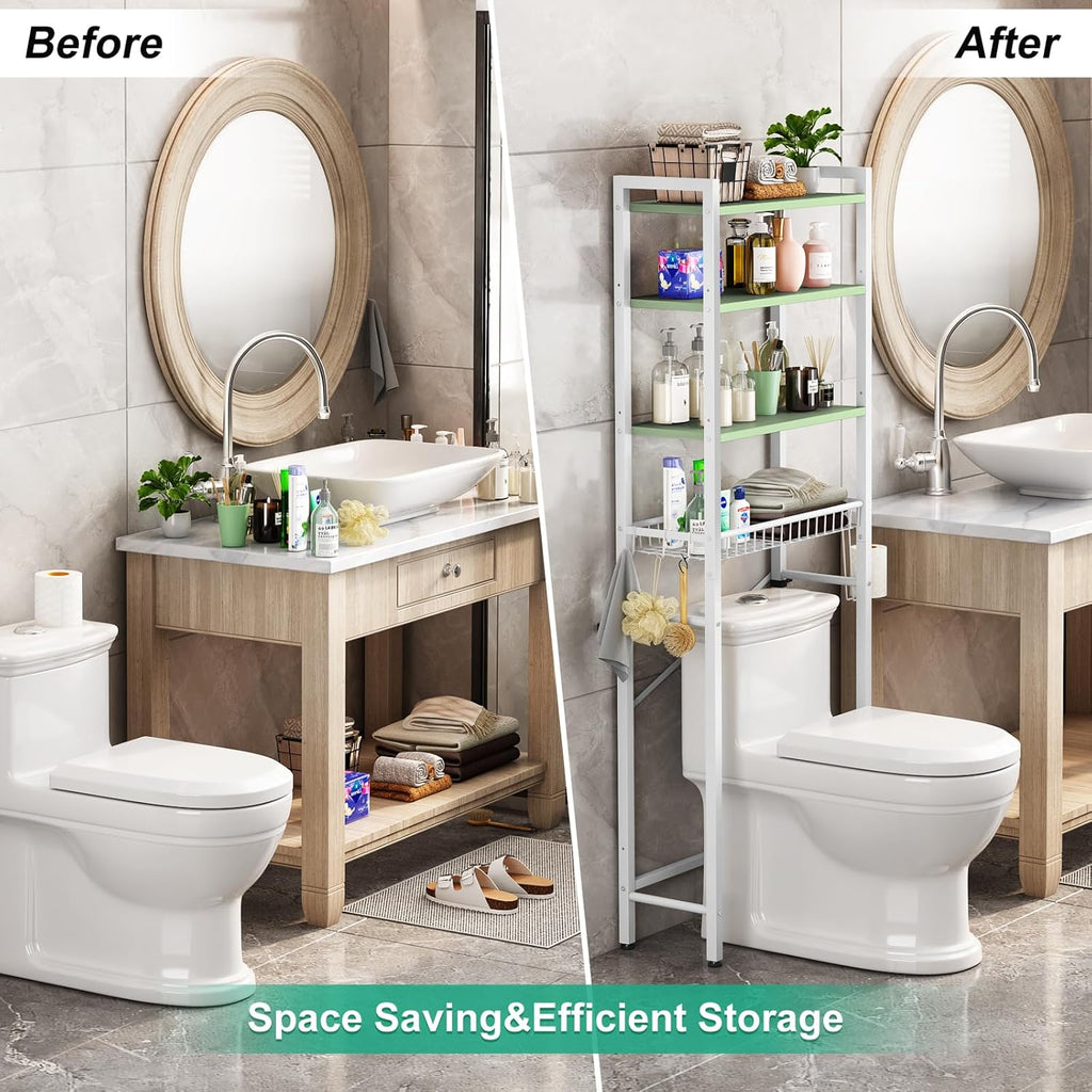 Over-The-Toilet Storage Rack, 4-Tier Bathroom Organizer Shelf Over Toilet with Adjustable Shelf and Basket, Freestanding Space Saver Bathroom Shelves Above Toilet for Room (Avocado Green)
