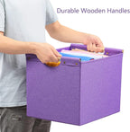 HOONEX Large Foldable Storage Bins, Linen Fabric, Pack of 2, Storage Baskets with Wooden Carry Handles and Sturdy Heavy Cardboard, for Home, Office, Car, Nursery, Purple