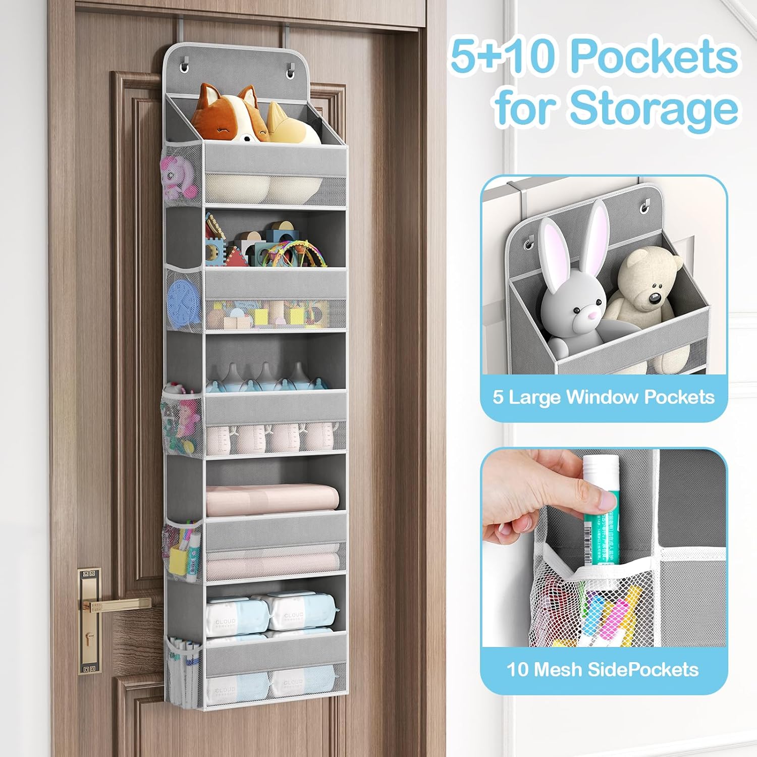 LAMU 5 Tier Over The Door Organizer Hanging, Swing - Proof Closet Behind Door Storage with 5 Large Pocket and 10 Side Pockets, Back of Door Organizers for Bedroom, Nursery and Bathroom (2 Pack, Grey)