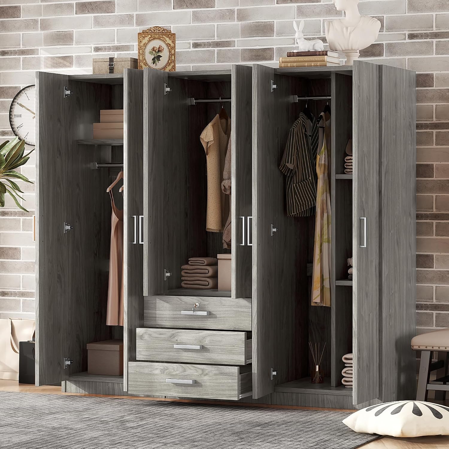 SOFTSEA 6 Doors Armoire Wardrobe Closet with Drawers, 70.9" Large Armoire Wardrobe Cabinet with Storage Shelves and 3 Hanging Rods, Bedroom Clothes Cabinet Organizer (Grey)