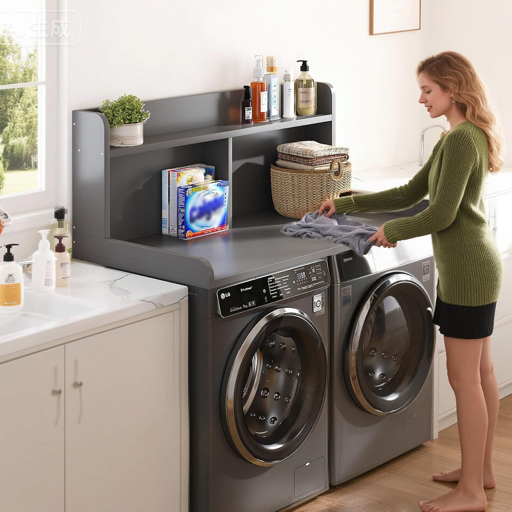 2-Tier Washer Dryer Countertop, 18.5" Raised Height Laundry Countertop with Edge Rails and Non-Slip Pad, 54" W x 27.55" D Washer and Dryer Topper for Laundry Room Storage Organization (Gray)
