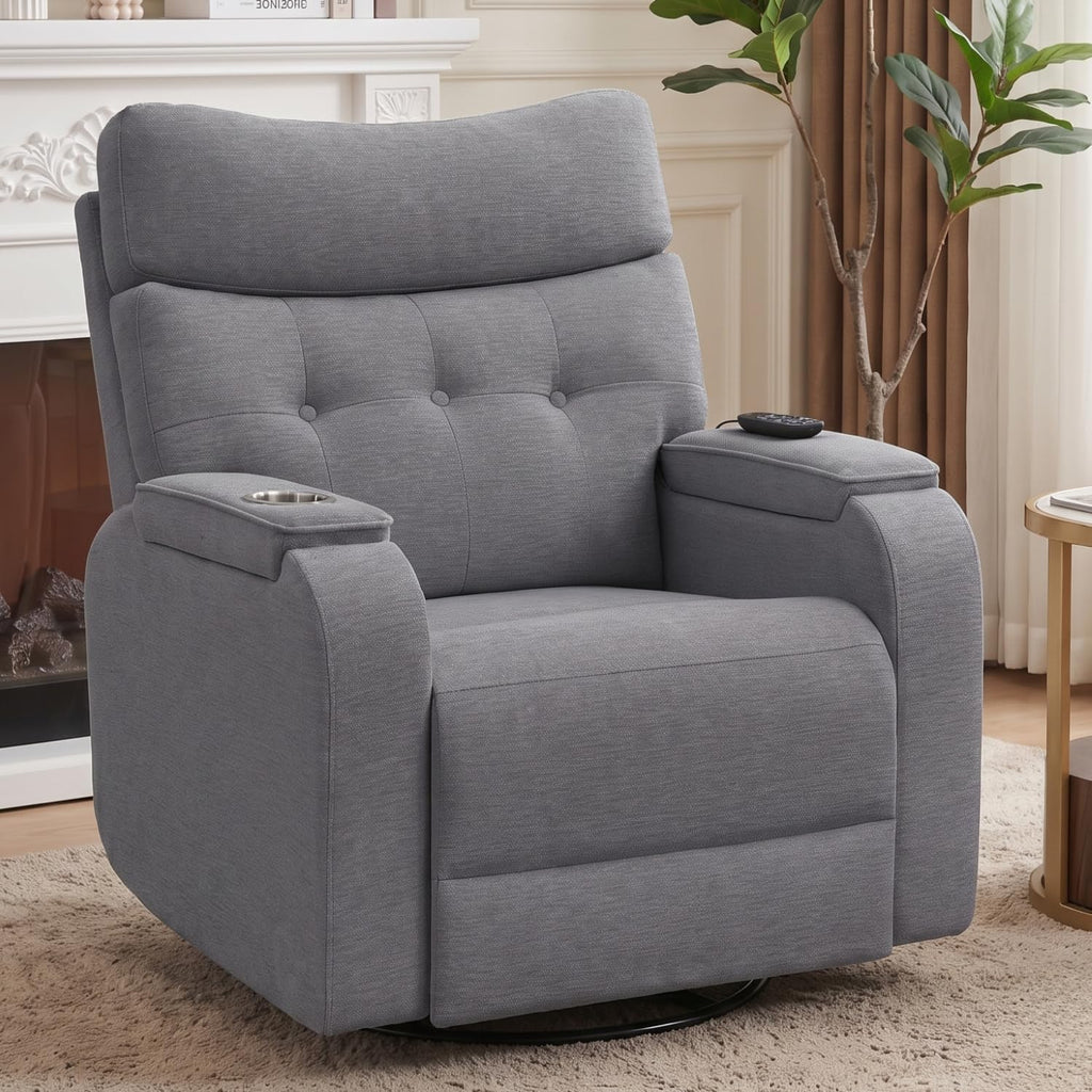 Power Swivel Rocker Recliner with Massage&Heat,Swivel Glider Recliner Chair | Nursery Rocking Recliner with Type-C Port&Timing,Power Swivel Reclining Glider Chair with Dual Storage Arms&Cup Holder Grey