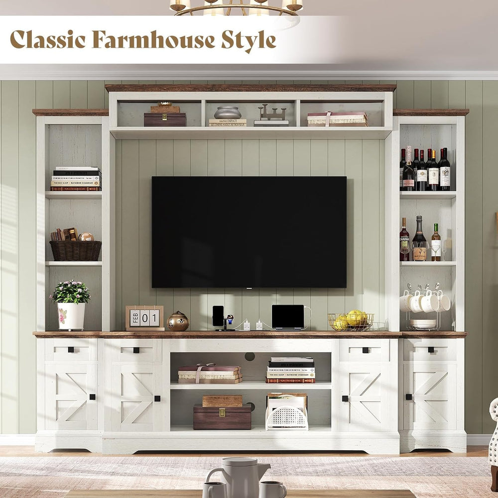 AMERLIFE 98" Farmhouse Wall Unit Entertainment Center with Bookshelf