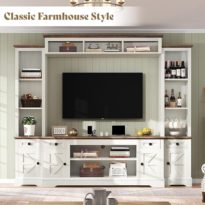 AMERLIFE 98" Farmhouse Wall Unit Entertainment Center with Bookshelves, ...