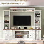 AMERLIFE 98" Farmhouse Wall Unit Entertainment Center with Bookshelves, Wine Cabinet, Fits 75" TVs, Rustic Media Console for Living Room, Large TV Stand with Power Outlets & Barn Door, Off-White