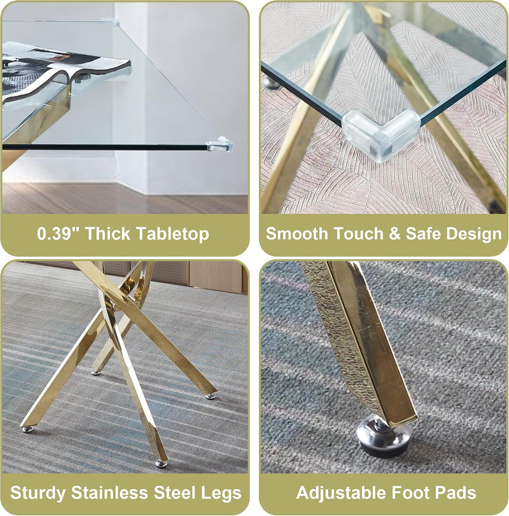 Square Glass Dining Table Set for 4, Modern 36" Clear Tempered Glass Kitchen Table and 4 Grey PU Leather Upholstered Chairs with Gold Stainless Steel Legs, for Apartment, Small Space