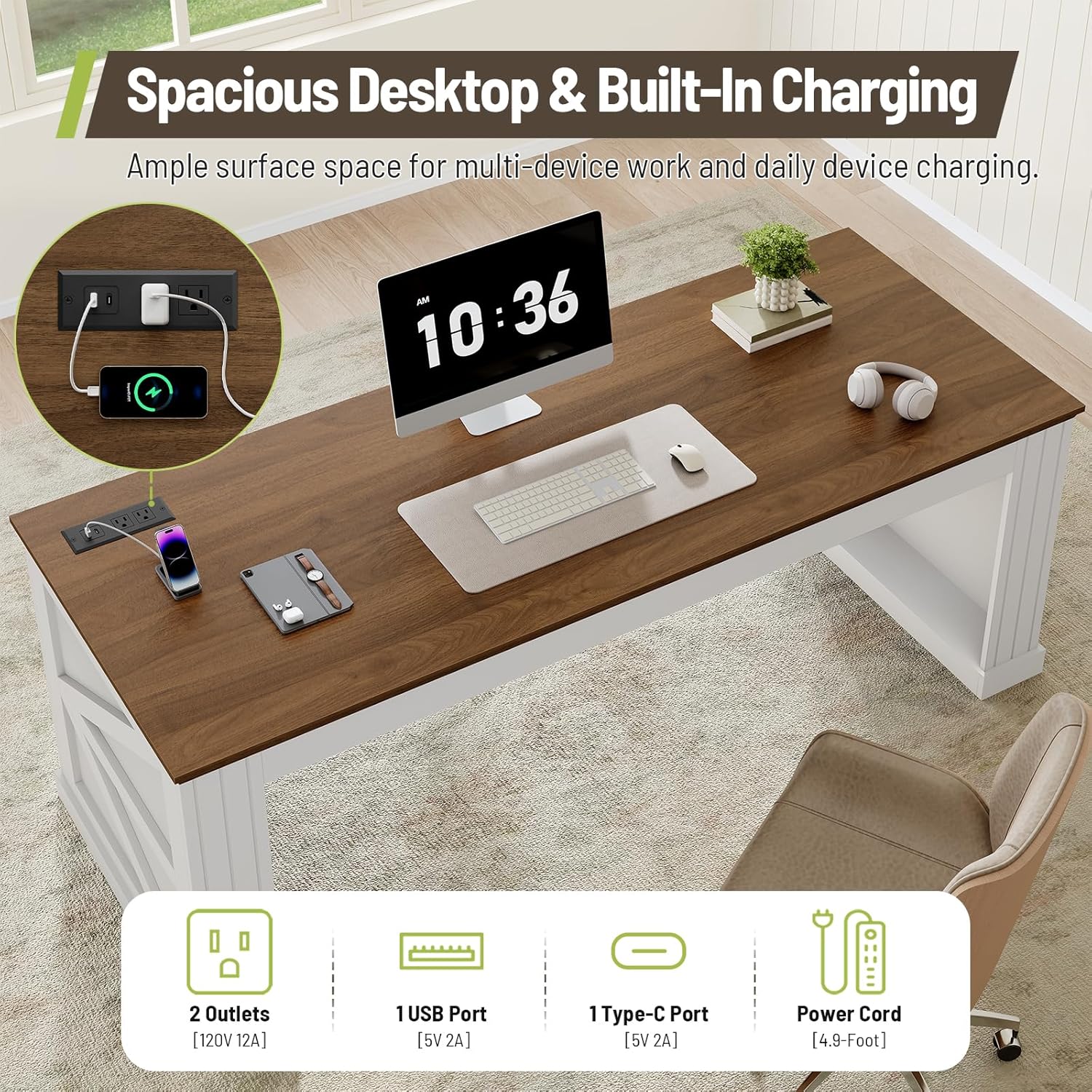 63-Inch Farmhouse Executive Desk, Long Computer Desk with Built-in Charging Station & Bottom Storage, Home Office Writing Study Desk for Bedroom, Living Room, White and Walnut