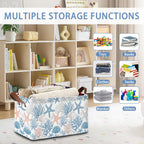 Starfish Coral Storage Basket with Handles,Shell Collapsible Rectangle Organizer Bin for Room Decoration Books Box Baskets 17x11.5x10Inch