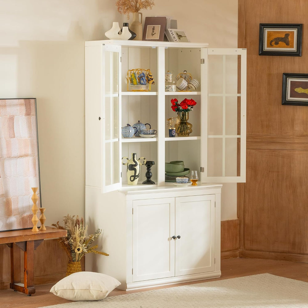 Virubi 75'' Tall China Hutch Cabinet with Glass Doors, Kitchen Pantry...
