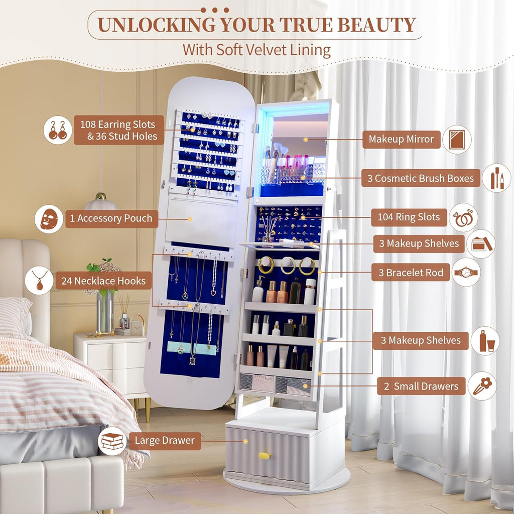 61" Full Length Mirror Jewelry Cabinet with Storage – Rotating, Lockable Jewelry Armoire with Velvet Lining, Standing Organizer for Women – Ideal Gift for Jewelry Storage & Display, White