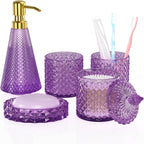 Purple Glass Bathroom Accessories Set 5 Pcs, Purple Bathroom Set, Soap Dispenser and Toothbrush Holder Set, Qtip Holder Set, Vintage Bathroom Sink Set, Cute Bathroom Decor