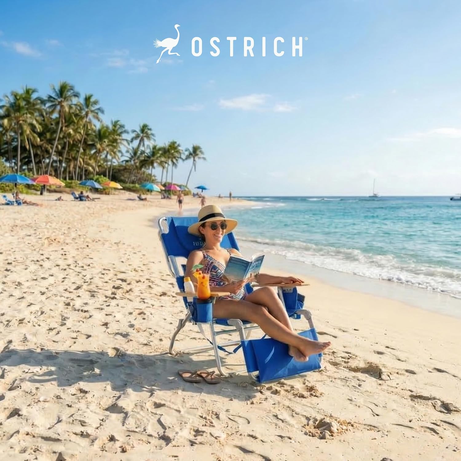 Ostrich the Deluxe 3N1 Lightweight Lawn Beach Reclining Lounge Chair with Footrest, Outdoor Furniture for Patio, Balcony, Backyard, or Porch, Blue