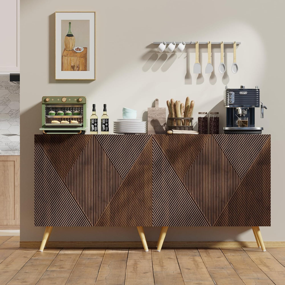 DHZ Fluted Sideboard Buffet Cabinet, 30” Wood Storage Credenza with Adjustabl...
