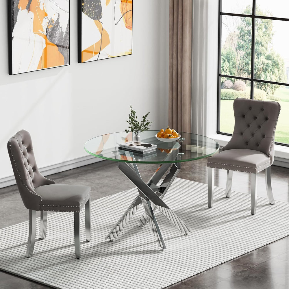 HomVent Silver Round Glass Dining Table Set for 2 with 2 Grey Velvet Chair | ...