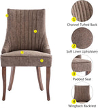 mikibama Linen Brown Dining Chairs Set of 6 Channel Tufted Kitchen Dinner Chair Comfy Fabric Upholstered Accent Chair for Dining Room with Solid Wood Legs