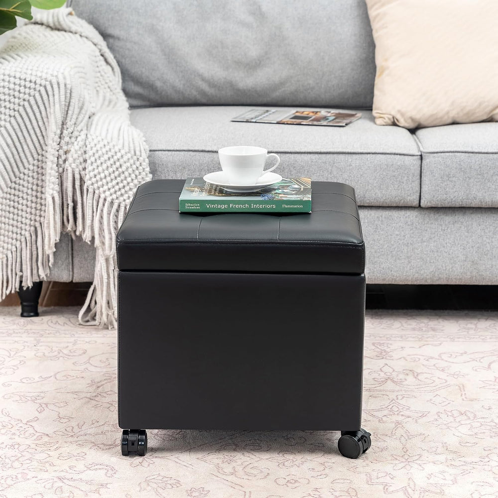 Adeco 17" Storage Ottoman Modern Tufted Faux Leather with Wheels, Black