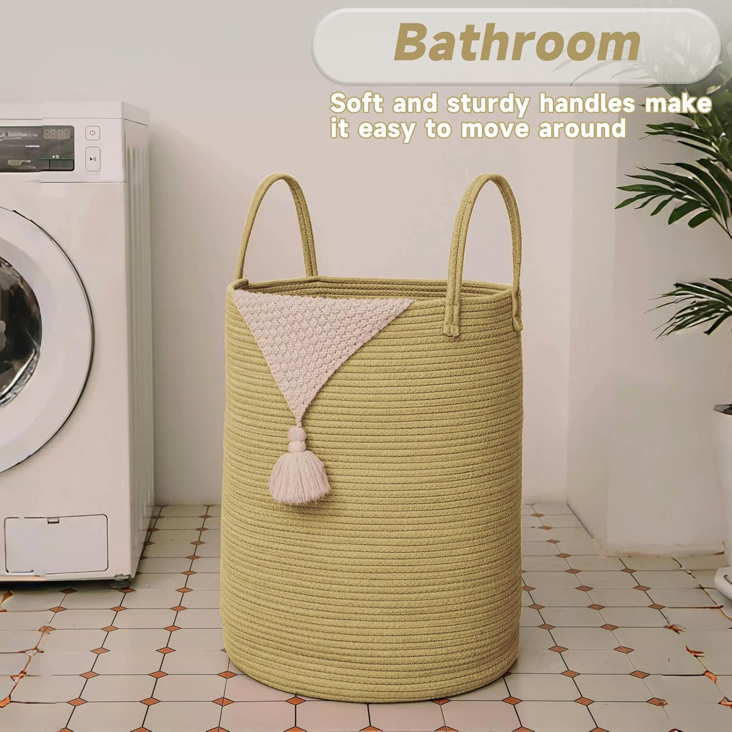 Large Woven Laundry Basket Hamper,60L Cotton Rope Storage Bin for Blankets,Toys and Clothes,Decorative Tall Nursery Hamper for Living Room,Baby Nursery,Bathroom and Bedroom,Jute