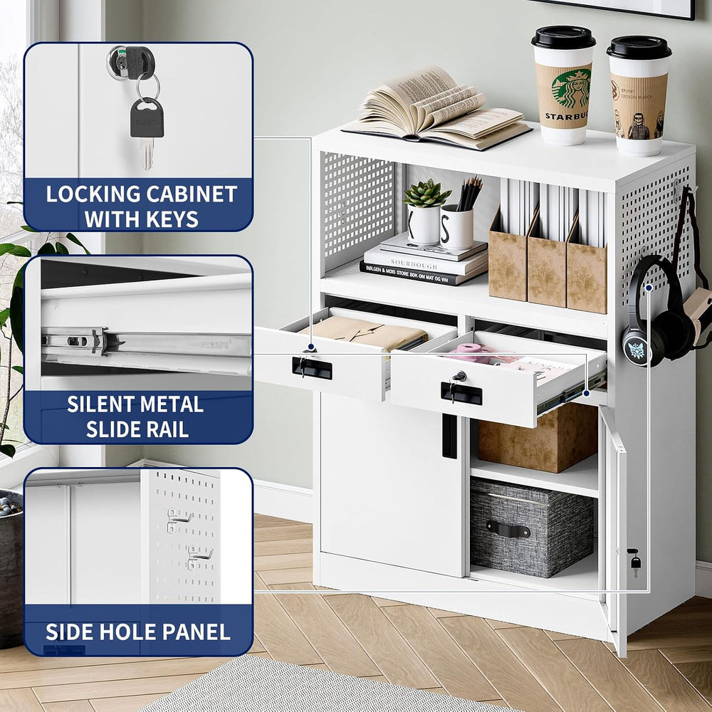 Yizosh Locking Cabinet with 2 Drawers, Metal Storage Cabinet with Locking Doo...