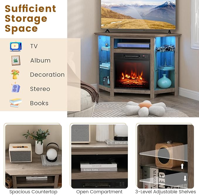 RELAX4LIFE Corner Fireplace TV Stand - Electric Fireplace Entertainment Cente...