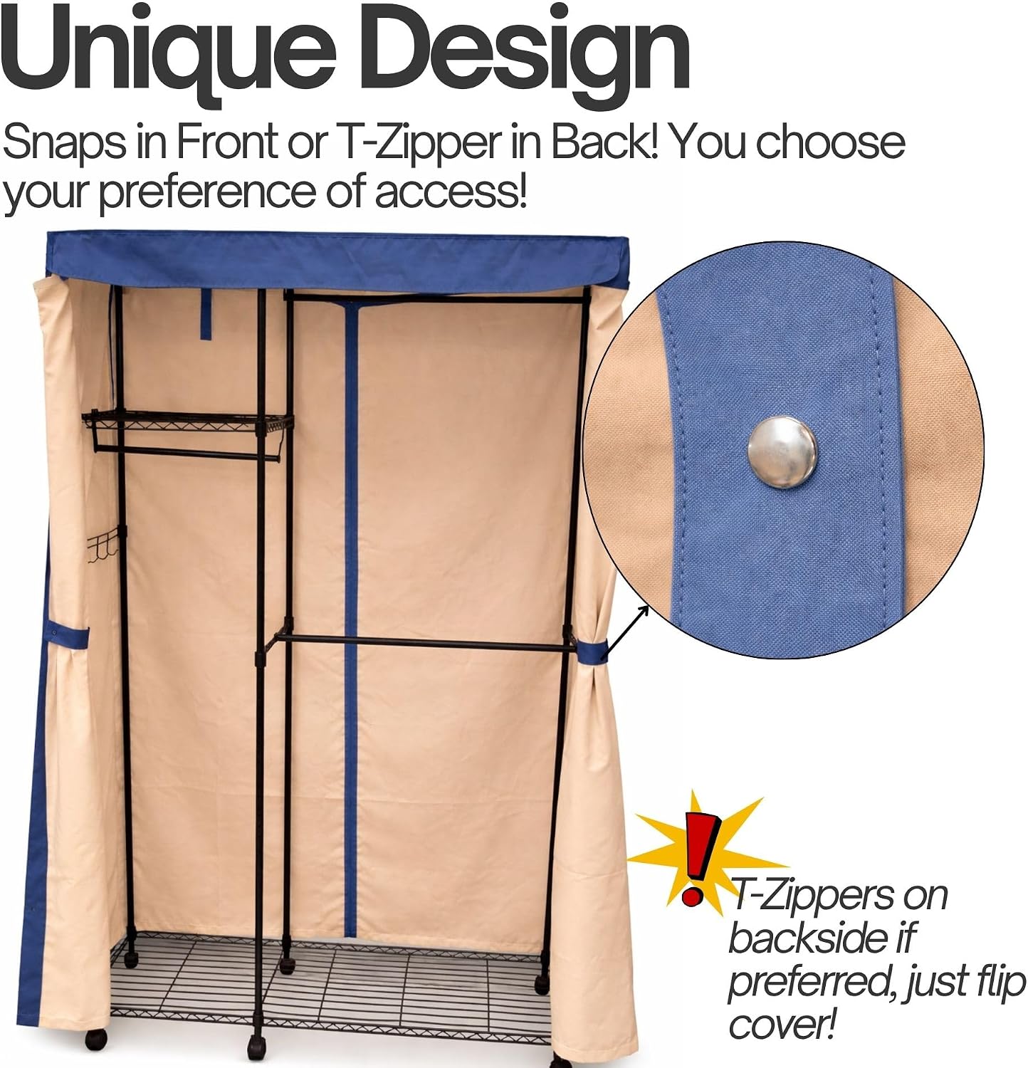 Formosa Covers Portable Garment Rolling Rack Cover - Protect Your Clothes from Dust Keep Your Room Looking Organized (Cover Only) (Beige Khaki with Dusty Blue Trim, 36" W x 14" D x 72" H)