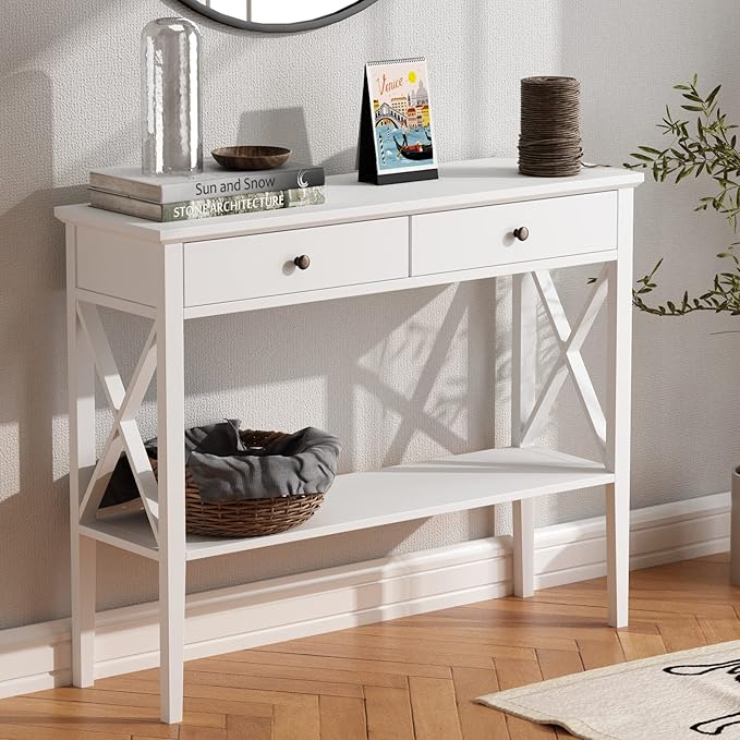 ChooChoo Console Table with Drawers, Narrow Wood Accent Sofa Table Entryway T...
