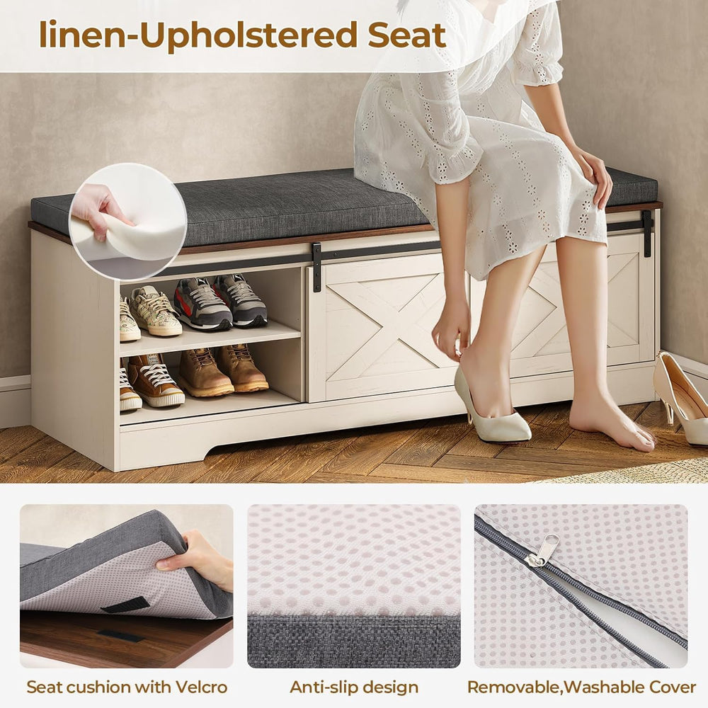 UPOSOJA 60“ Farmhouse Storage Bench with Cushion, Shoe Rack with Slide Barn D...