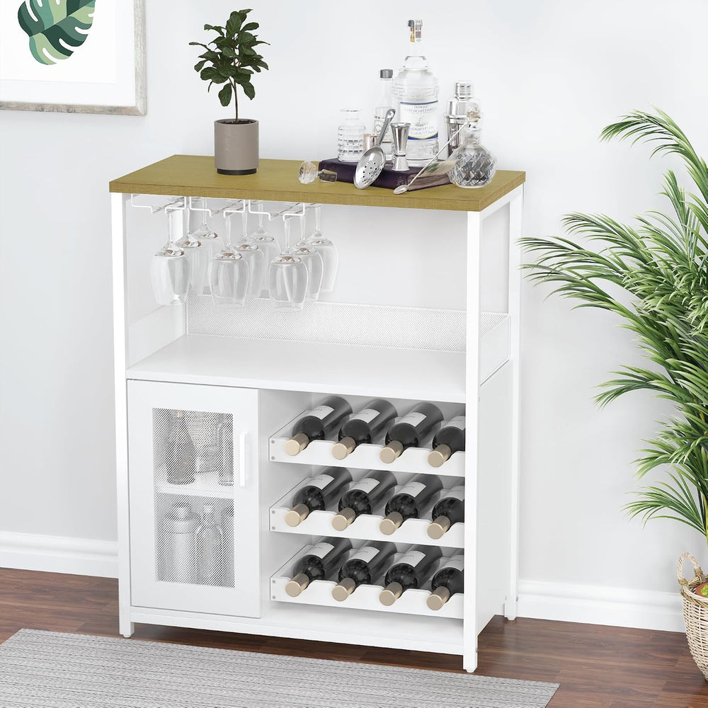 GAOMON Modern 36" White Wine Bar Cabinet with Mesh Door, Adjustable Glas...
