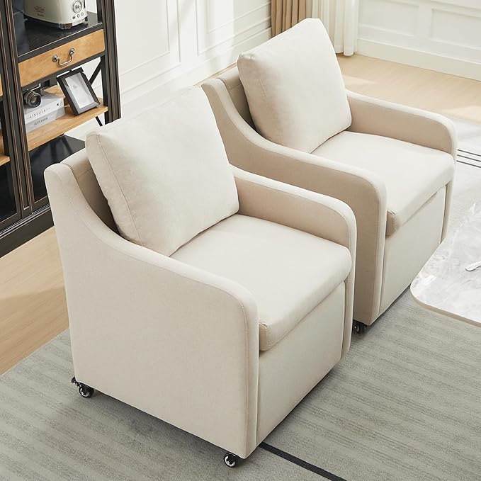 Rolling Dining Chair with Wheels, Upholstered Modern Single Armchair with Casters for Kitchen (2, Fabric Beige)
