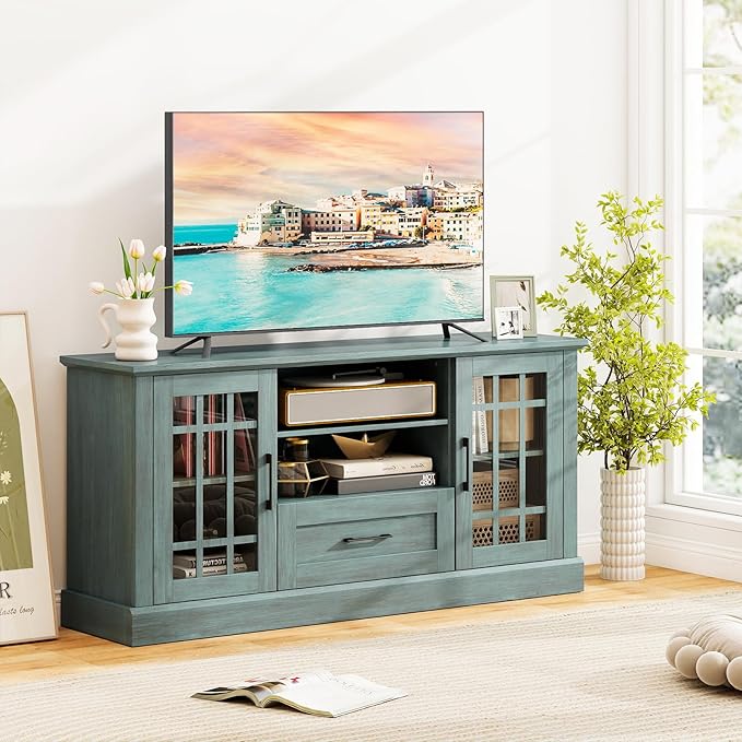 GOFLAME Farmhouse TV Stand for TVs up to 70", Entertainment Media Center Storage Cabinet with Glass Doors, Open Shelves & Drawer, Wooden Television Console Table for Living Room (Teal Blue)