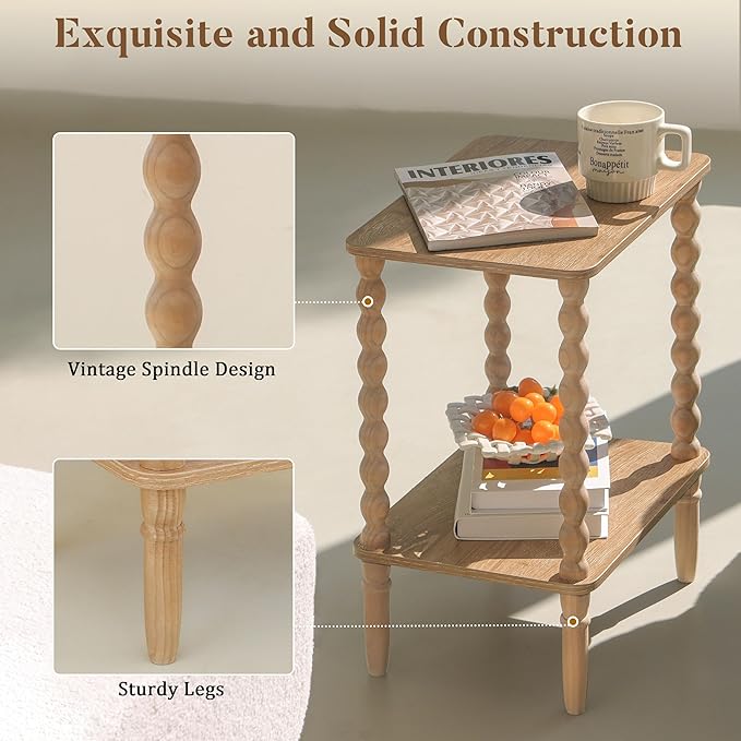 Small End Table, Couch Side Table with 2-Tier Storage Shelf, Wood Coffee Tabl...