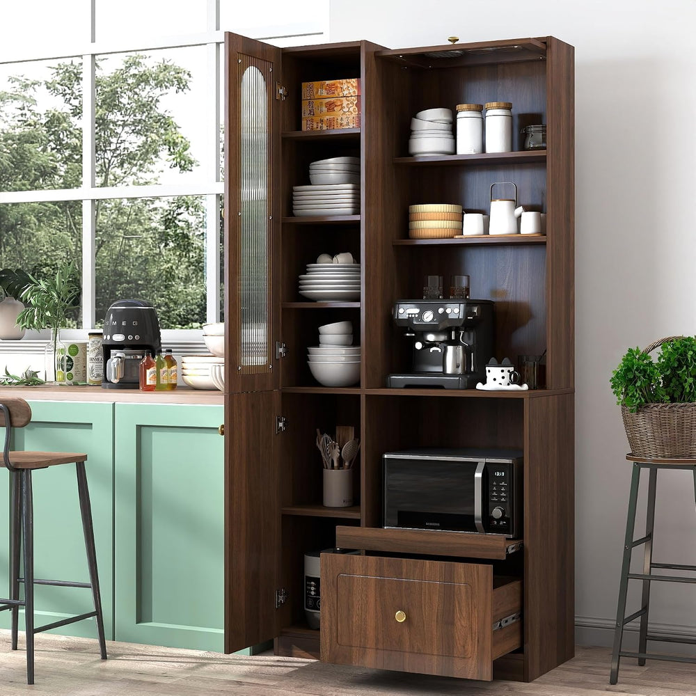 KEIKI 70.87" H Tall Kitchen Pantry Storage Cabinet with Countertop, Glas...